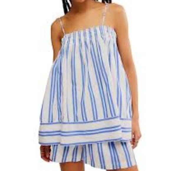 013 Free People Pajama Party Tunic Top Nwot Blue Ivory Combo Size XS - Picture 2 of 13